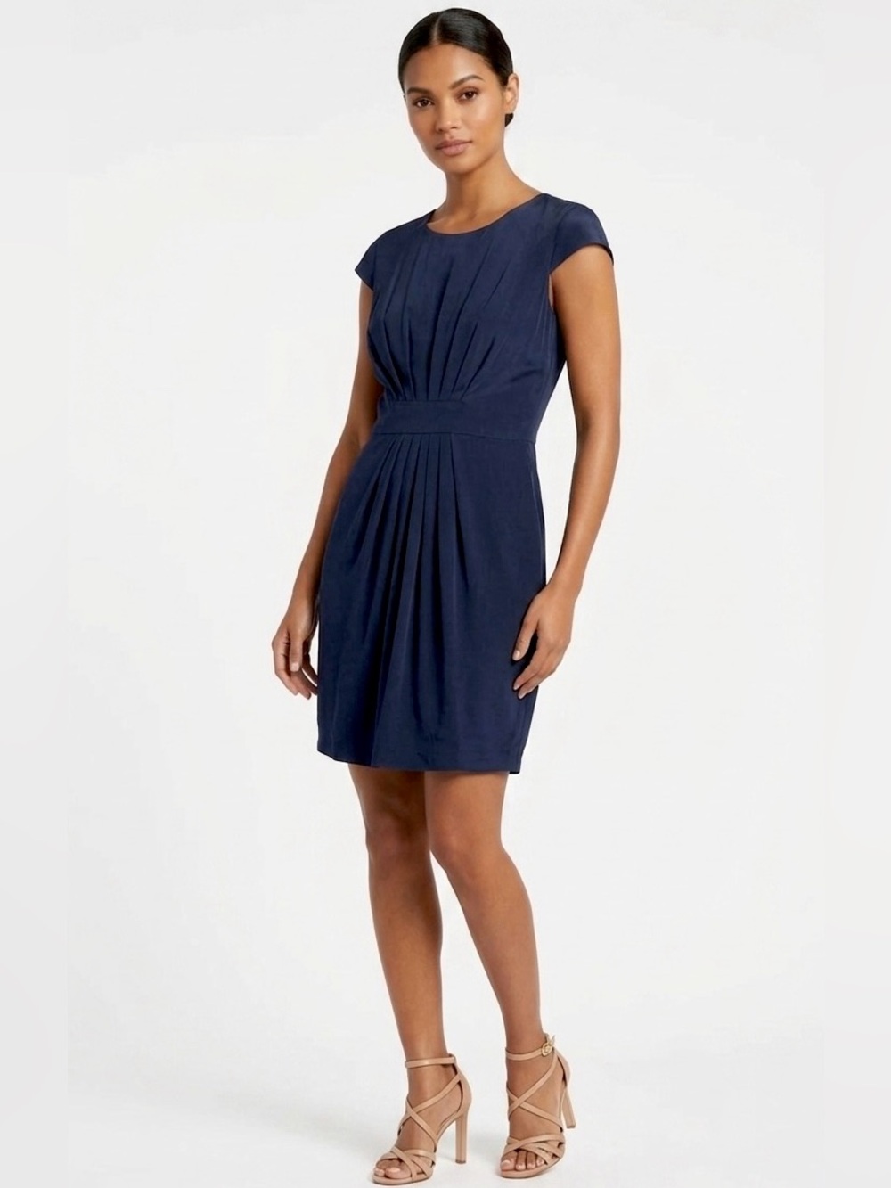 Amanda Uprichard Silk Cap Sleeve Pleated Shift Mini Dress Navy Blue Size L NEW
